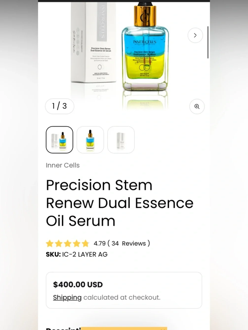 Inner Cells Medical Grade Precision Stem Renew Dual Essence Oil Serum - 1fl oz